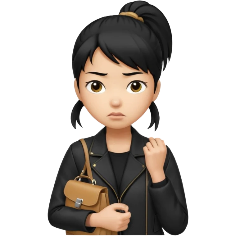 A girl with a pony tail black hair and Asian tan skin, Asian eyes, with a black jacket and a black purse, with an annoyed and confused expression on her face  emoji