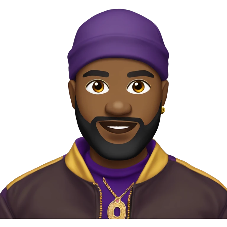 Omega psi phi man wearing a purple and gold letter man jacket a black durag in his head brown skinned black full beard close shave and attractive diamond nose ring on nose  emoji