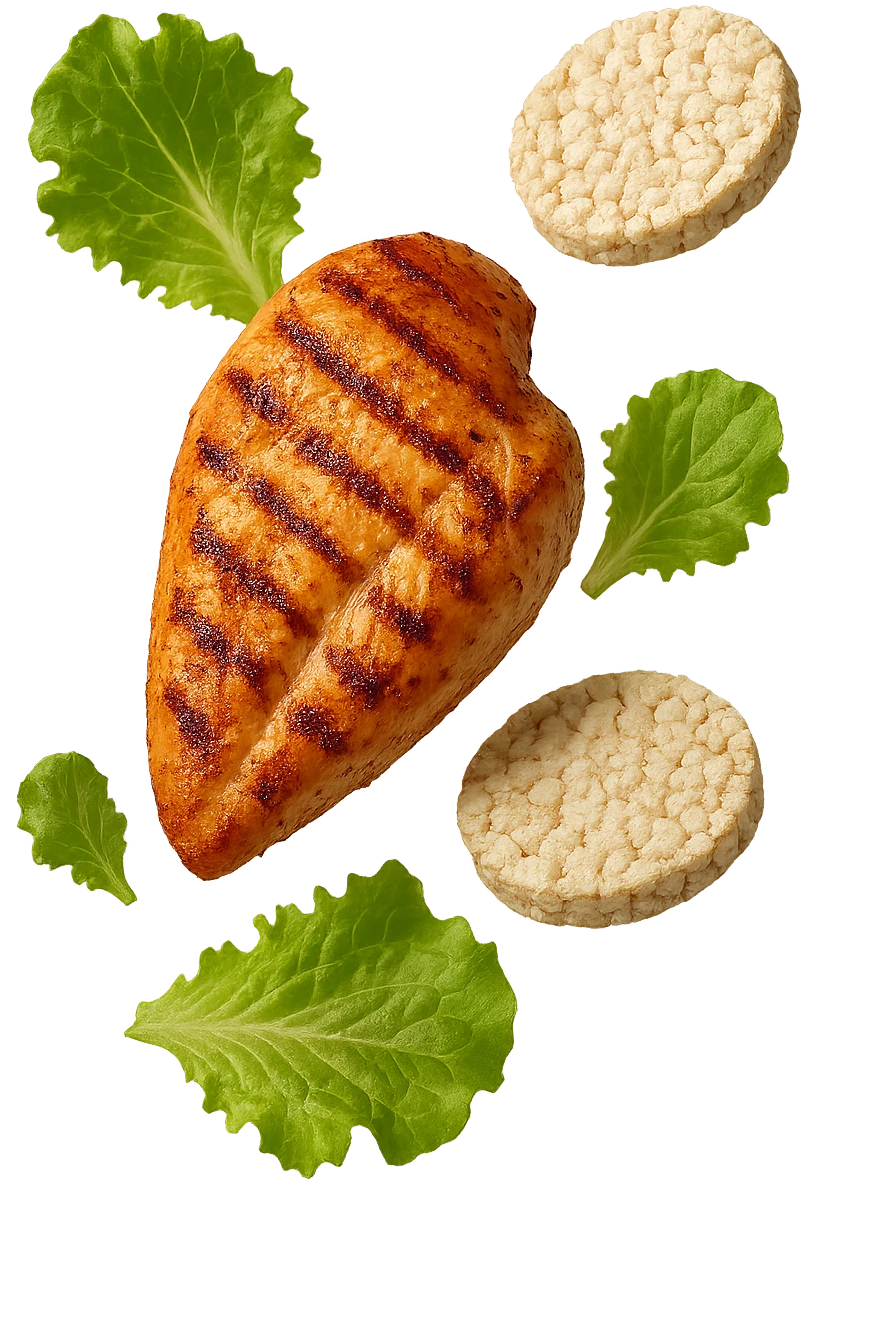 petto di pollo grigliato fluttua in aria insieme a gallette di riso e foglie di insalata, iperrealistico 4k emoji