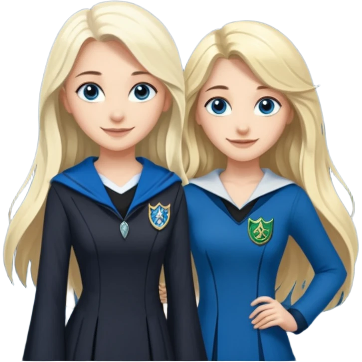 a pretty ravenclaw girl with long dark brown hair and blue eyes standing with a hot Slytherin girl with long blonde hair, blue eyes and big boobs  emoji