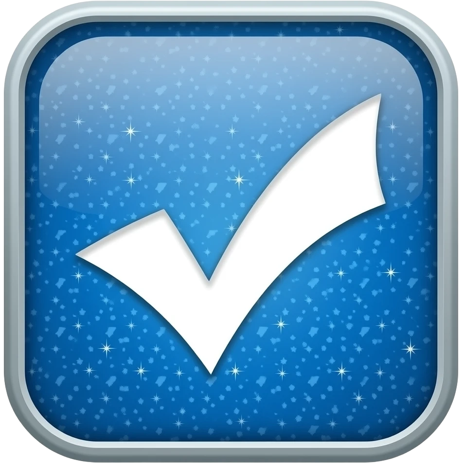 Blue stardust logo with a white checkmark, strictly only the stardust and checkmark, no other shape emoji