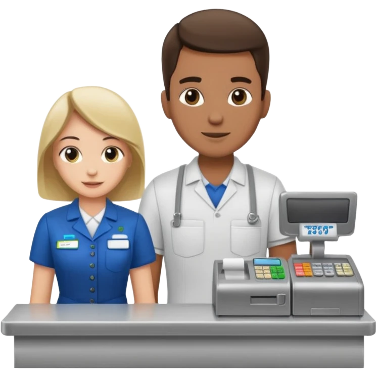 Supermarket employee at a cash register, full body, serving a man emoji