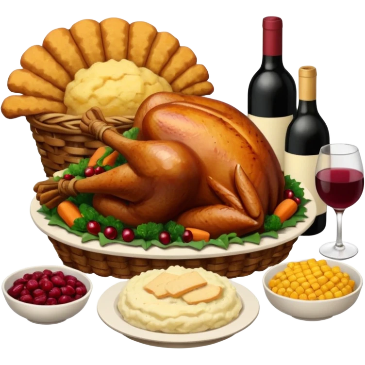 Thanksgiving Dinner with 10 people of different skin color around the table; have the food be a cooked turkey, mashed potatoes, corn, a basket of biscuits, a small bowl of cranberry sauce, baked yams, steamed vegetables, and a bottle of wine. emoji