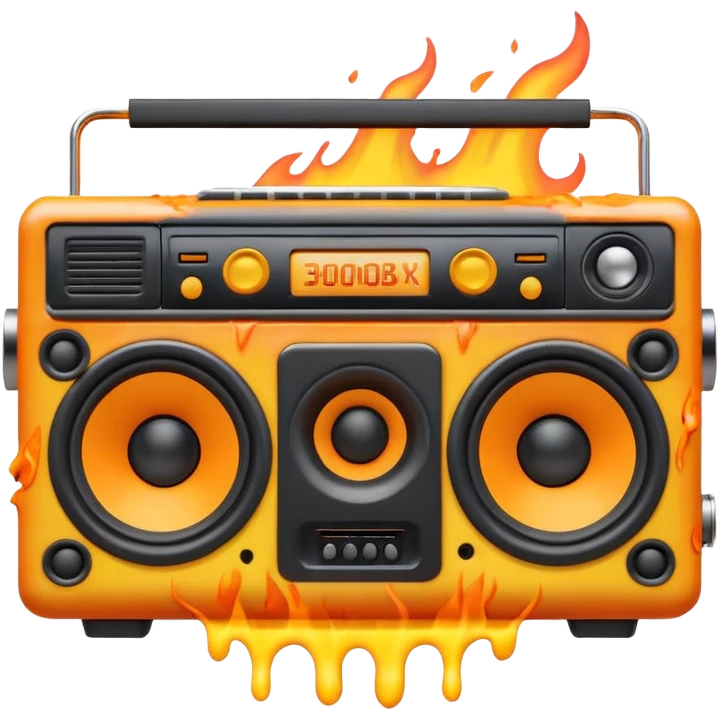 A cute 3D emoji of a retro boombox speaker with a funny shocked face, melting into orange and yellow flames, vibrant "fire" colors, high-end 3D render, white background. (This is a recreation of the fire emoji) emoji
