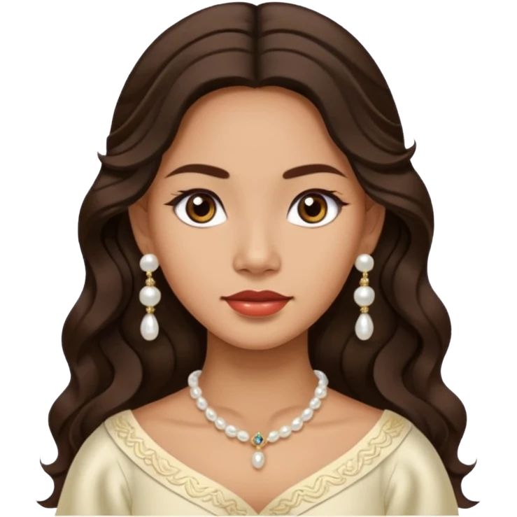 Tan Filipino woman with dark brown eyes and long dark wavy hair parted in the middle wearing a traditional filipiniana and white pearl stud earrings and no other jewelry emoji