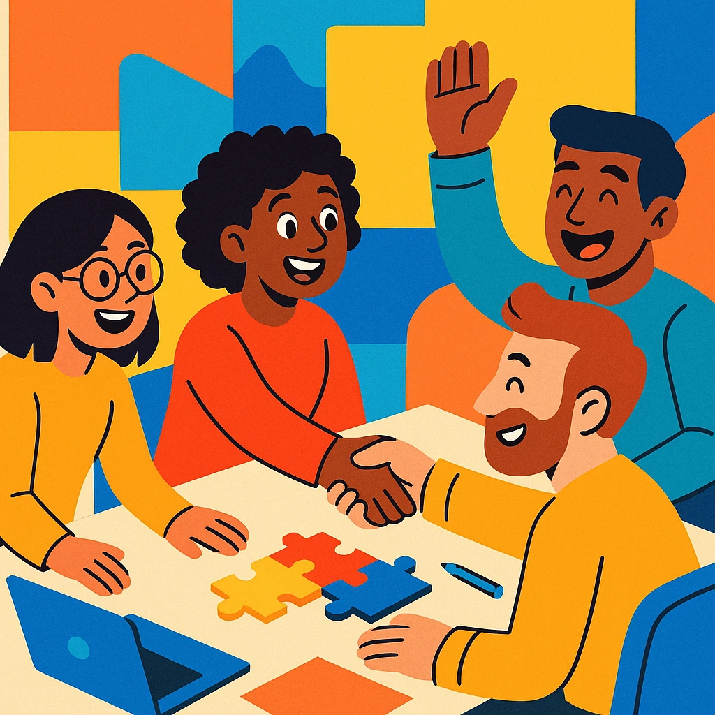 team building, group of diverse people working together, cheerful atmosphere, vibrant cartoon style emoji