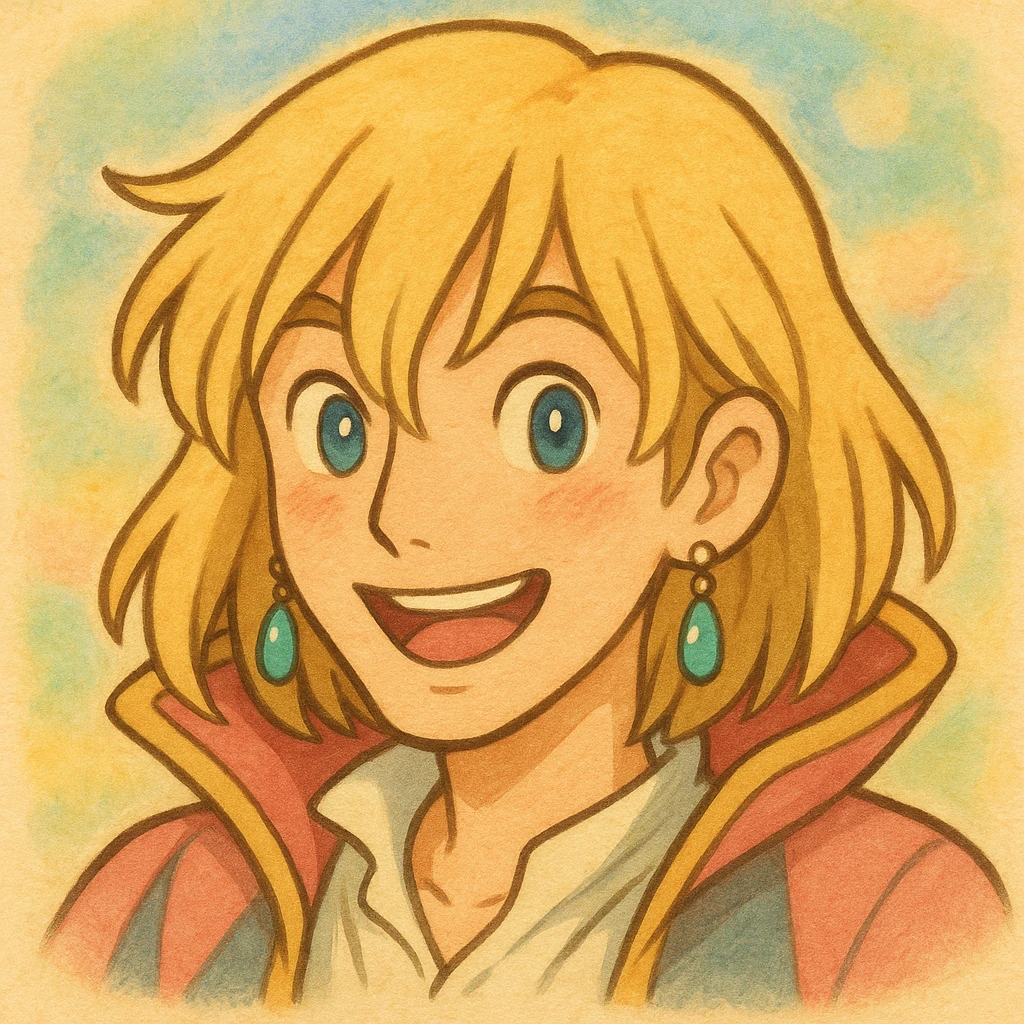 Hauru with blonde hair and earrings, Ghibli-inspired emoji emoji
