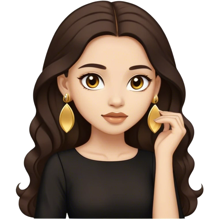 Beautiful woman,cute, long dark brown hair in dark dress with gold earrings emoji