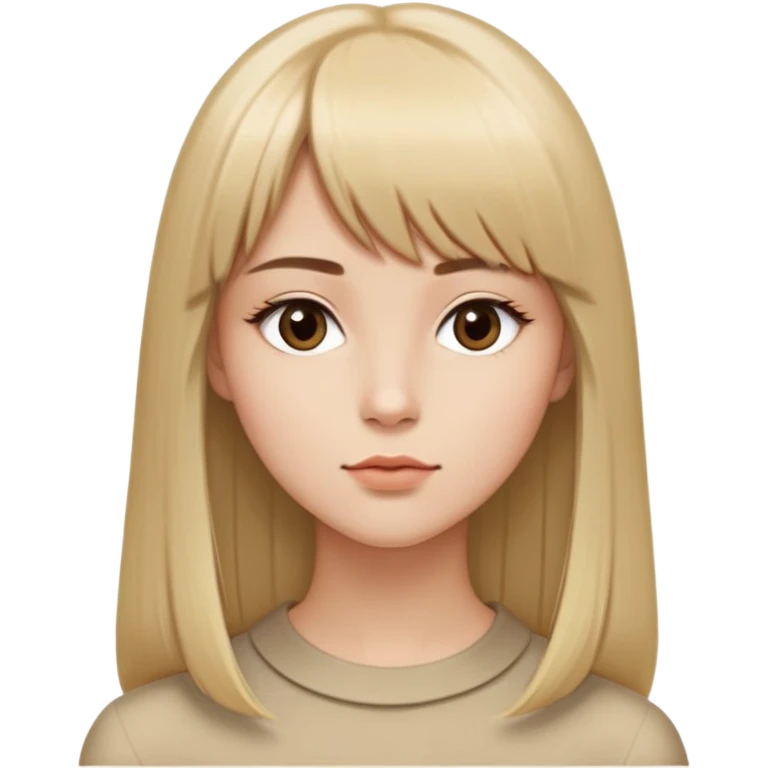 young woman, very long straight blonde hair parted in the middle with bangs, almond-shaped brown eyes, brown eyebrows, oval face with a refined jawline, small nose, medium lips, seated sideways, sharp collarbone, profile view, emoji