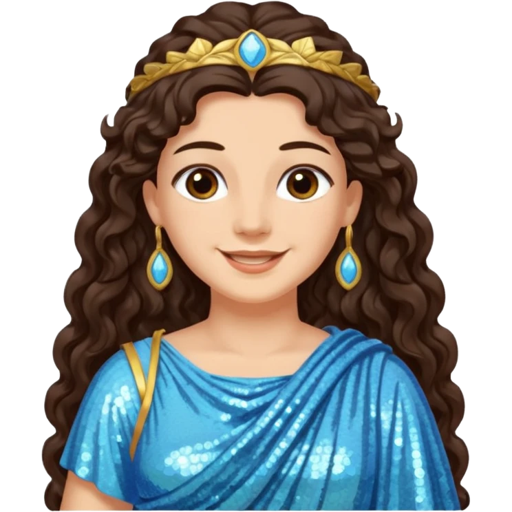 Minerva, Goddess of Wisdom from Roman Deities with long dark brown wavy hair, light blue sequin toga emoji