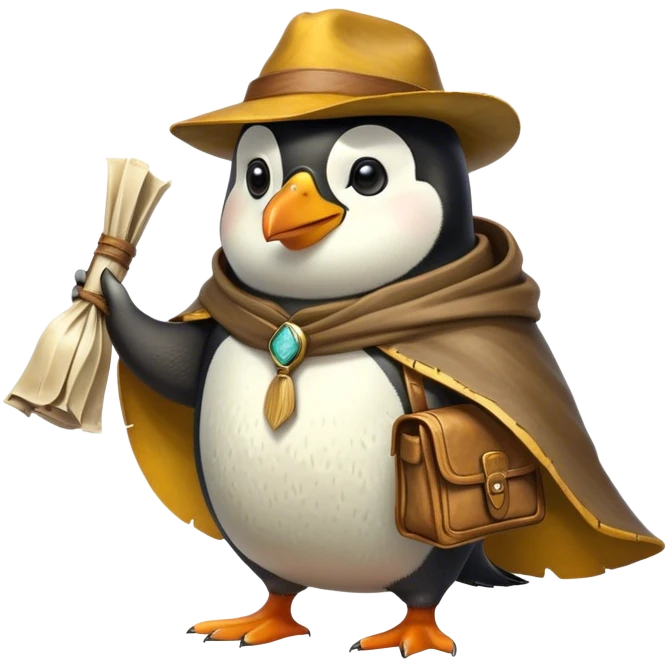 A explorer penguin inspired by Indiana Jones, wearing a weathered yellow enchanted hat and a flowing cape. It carries a leather satchel with ancient scrolls. Cartoon-style, smooth shading, highly detailed, no background emoji