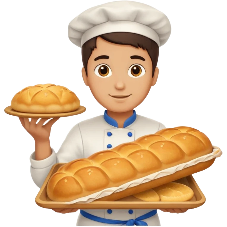 baker holding tray with big bread emoji