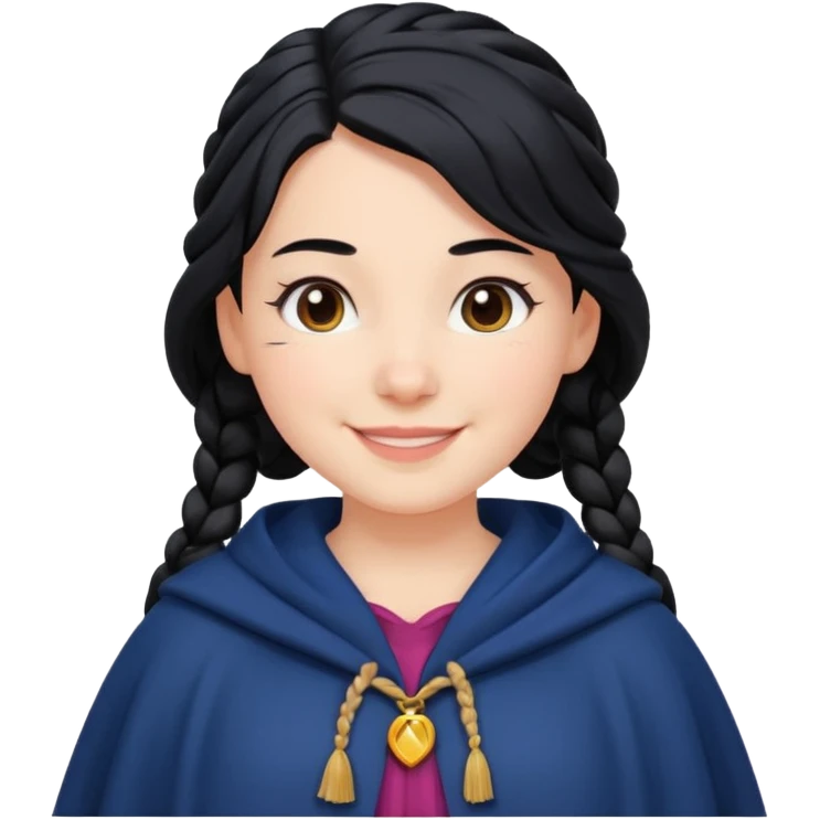 braid black hair, white girl, dark blue cloak, happy smile emoji