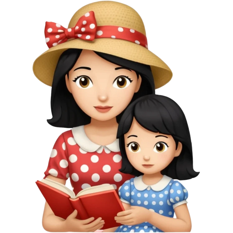 A black hair mother in a ribboned hat wearing polka dot dress reading a storybook to her child. emoji