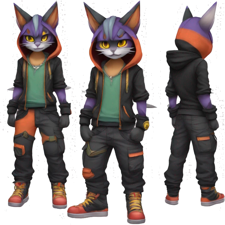 Cool Anthro Noivern-Litten-BatCat-Pokémon with edgy stripes hoodie spiked collar punk techwear Cargo Pants Full Body emoji