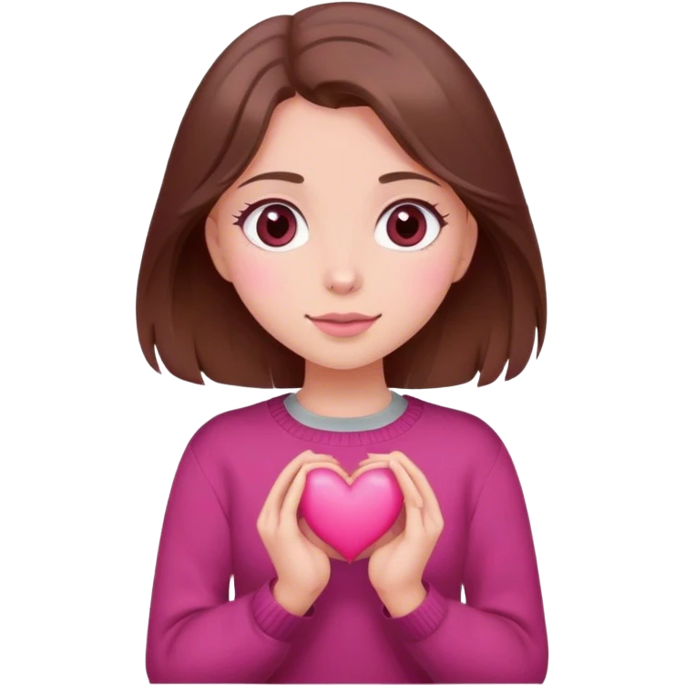 A girl with brown hair smiles, gray eyes, wearing a burgundy sweater, holding a pink heart in her hands emoji