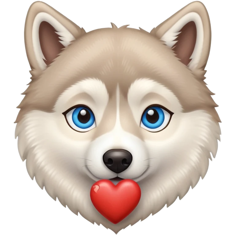 Beige husky with blue eyes holding a brown heart emoji