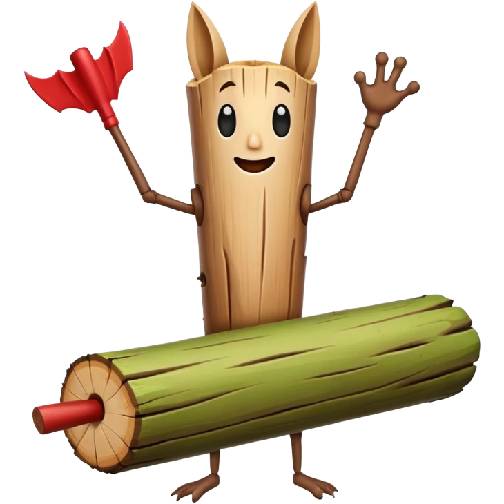 The character is an anthropomorphic wooden log with a cartoonish face, human arms and legs, and a long wooden bat, giving it a surreal, humorous appearance. emoji
