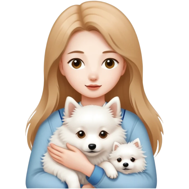 long light brown hair girl with pale skin holding a white Japanese spitz dog in her arms emoji