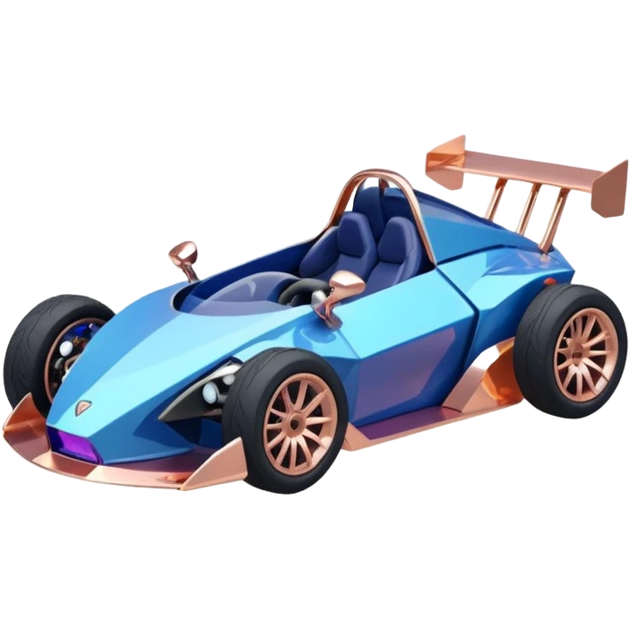 dark crystal blueberry and rosegold-accented cyber faceted-body electric drift-racing car driven by a small cute relaxed chameleon with rear spoiler, roll bar, and wheely bar emoji