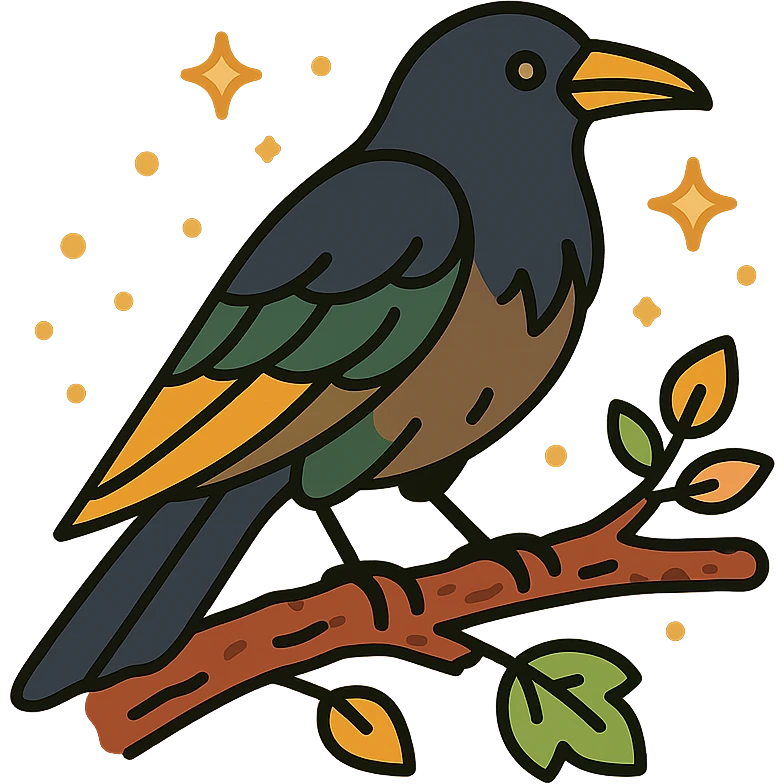 A mysterious crow perched on a branch, surrounded by a soft, magical atmosphere. The crow’s feathers are deep, dark hues with hints of golden orange (FA9B41), forest green (4A7C5C), muted taupe brown (96775A), and pastel peach (FFCC9A) subtly blending into its plumage. The branch is weathered and textured, with small leaves in green and peach tones, and delicate flowers or tiny sparks floating around. The lighting is soft and ambient, casting a warm, mystical glow over the scene, creating a quiet yet enchanting atmosphere. The crow’s sharp eyes and poised posture add to the mysterious, slightly gothic vibe of the moment. emoji