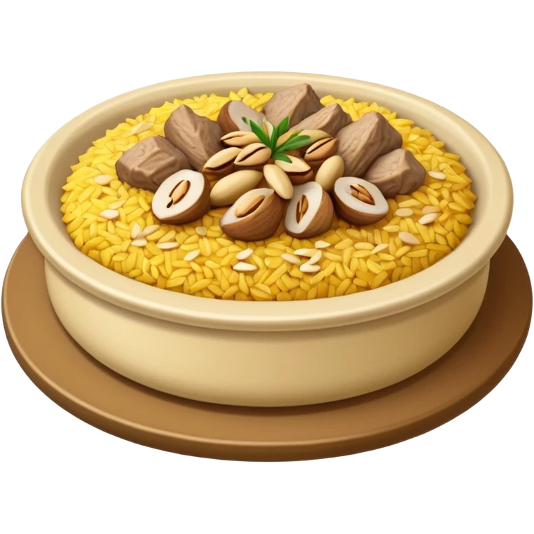 "Emoji of a Jordanian Mansaf dish — round platter with golden rice, lamb pieces, nuts on top, simple cute cartoon style, clean lines, white or transparent background." emoji