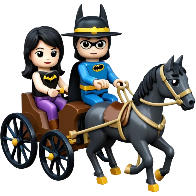  Ultra cute  Lego detailed 1854 Batman driving and pretty dark-haired Catgirl riding a horse drawn family-size Caravan alone together on a romantic trail in the woods  emoji