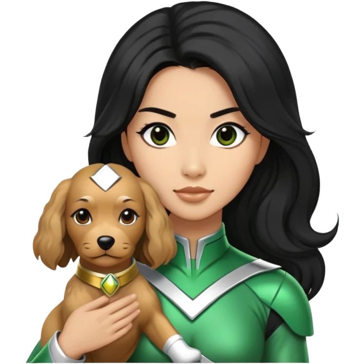 green power ranger wasian woman with long black hair and a fully light brown cockapoo dog emoji
