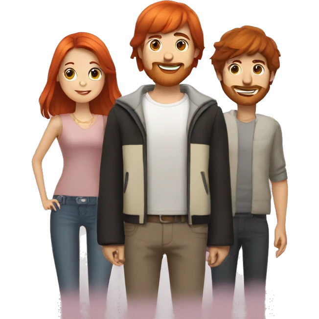 a group of three friends: a long hair redhead woman, a black-haired bowl cut man, and a brown-haired man emoji