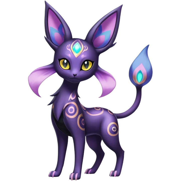 Shiny Exotic Badass Colorful Ethereal Royal Mysterious Gothic Espeon-Umbreon-Pokémon-Fakémon-hybrid-creature (full body) with random pattern-markings emoji