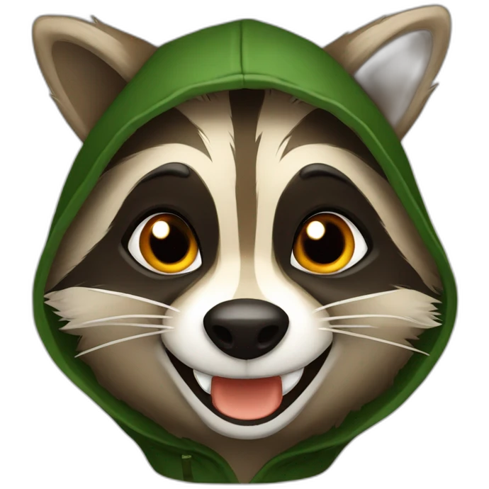 brown raccoon with orange eyes and a dark green hood that is laughing emoji