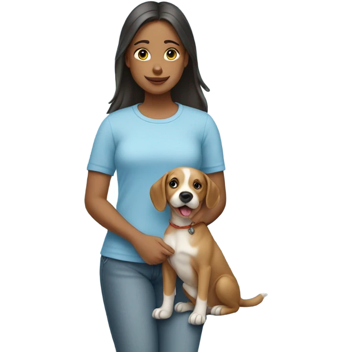 a girl wear light blue clothes and with a cute dog emoji
