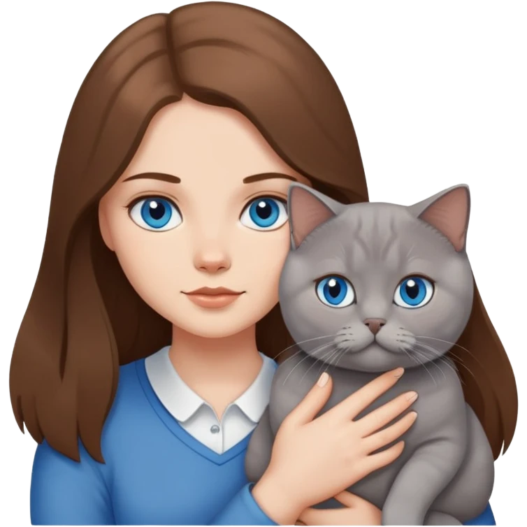 White girl with blue eyes and long brown hair, holding british shothair cat emoji