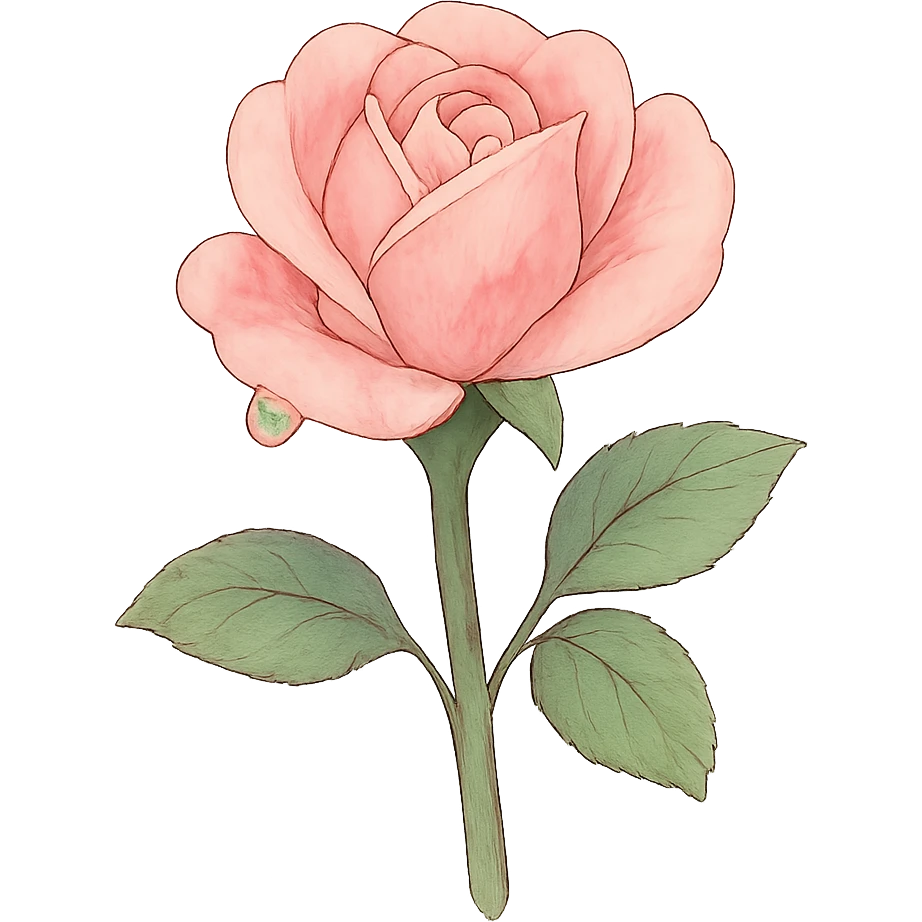 soft pink rose blossom, Japanese kawaii hand-drawn, full object, transparent background, with a tiny dew drop emoji