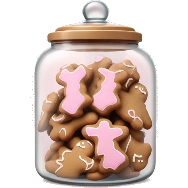 Realistic glass cookie jar with light pink lid full of gingerbread cookies isolated.  emoji