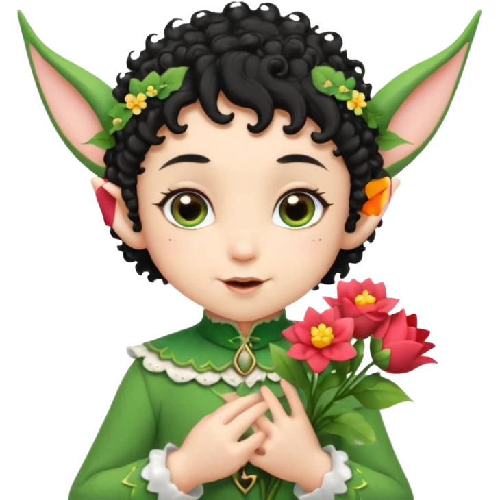 Tiny elf baby black curly hair with pointy ears, hold flowers emoji