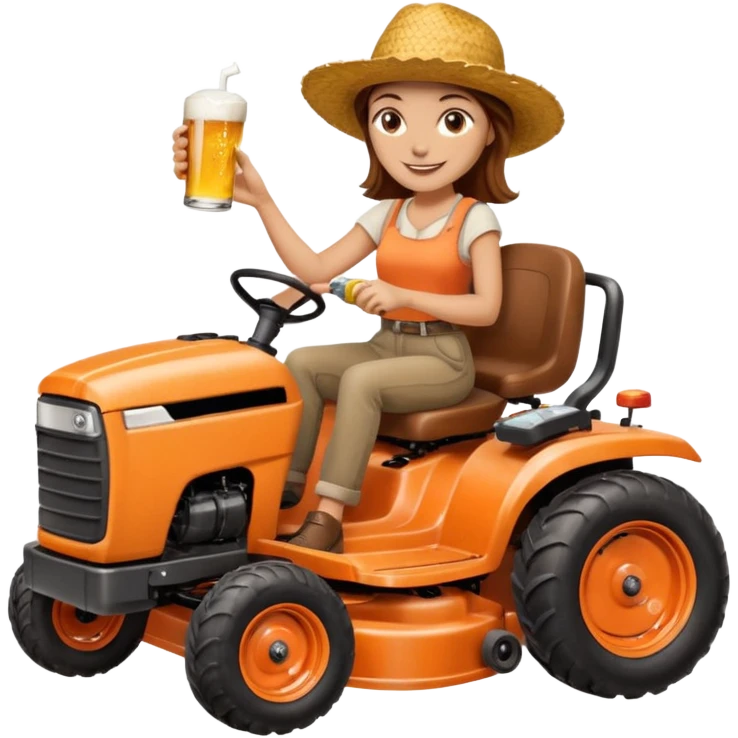 White woman with brown hair, without glasses wearing a straw hat, on old orange ride on lawn mower, holding a beer with one hand and holding the steering wheel with the other hand. Woman is smiling.  emoji
