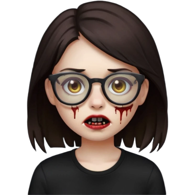 apple emoji zombie girl with dark brown emo hair and black shirt and glasses emoji