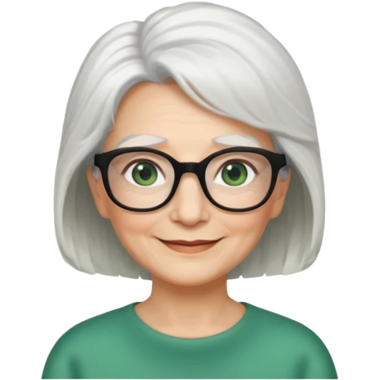 White hair grandma, green eyes, hair to shoulder, lokeg black glasses, rectangles face, smile , emoji