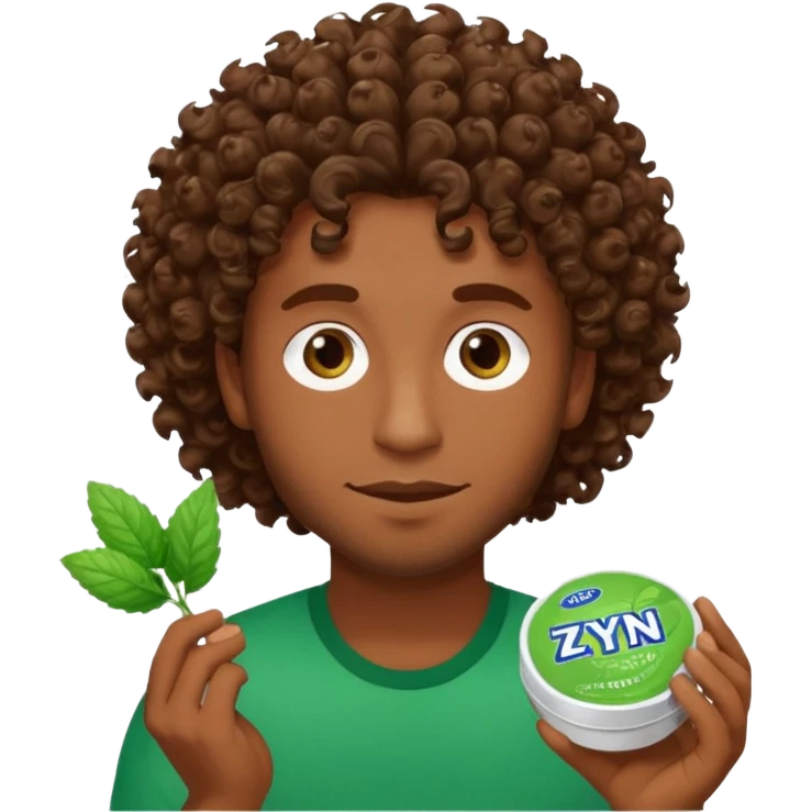 Man with Curley brown hairholding Zyn spearmint snus emoji