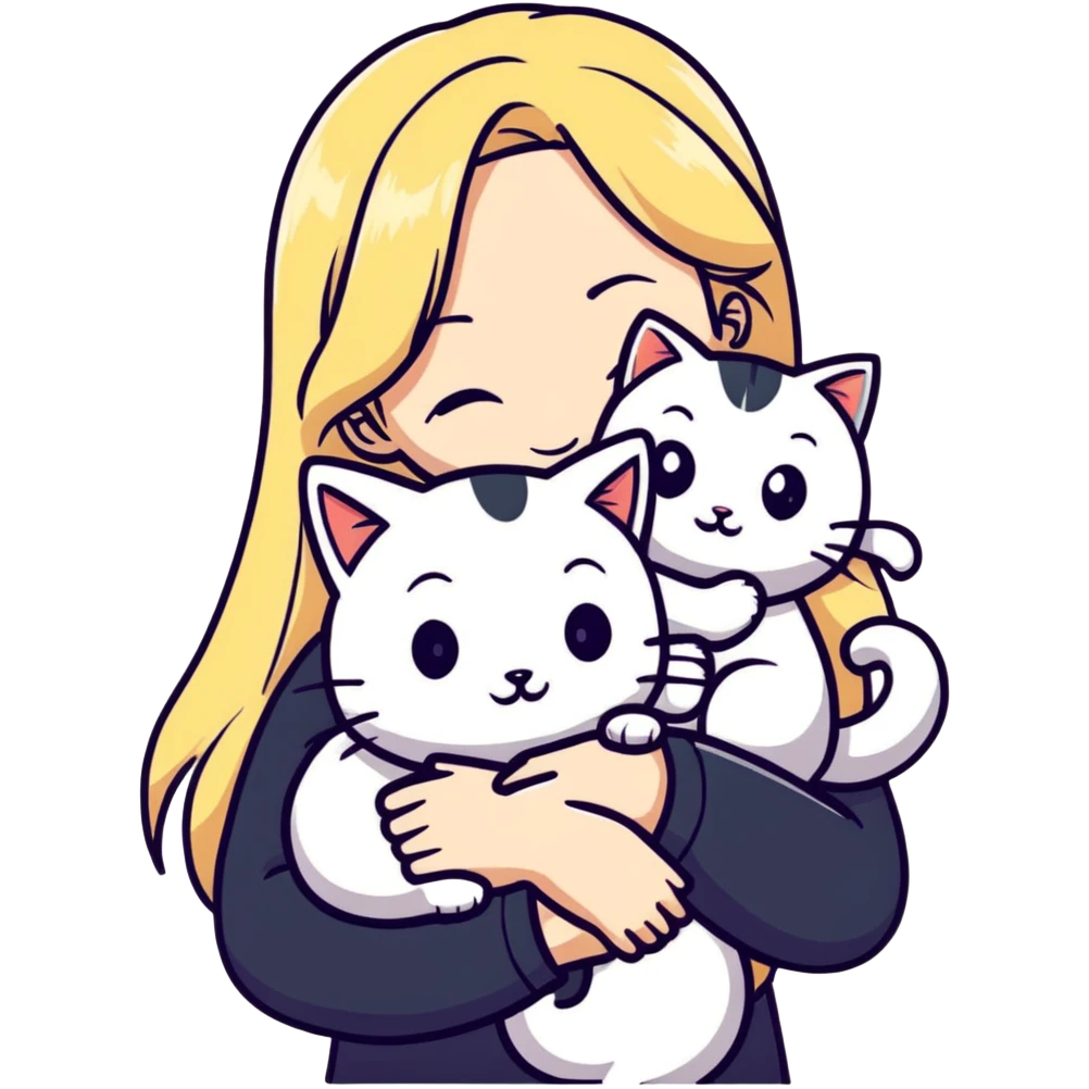 pretty woman with pale skin, very long blonde hair hugging a cat emoji