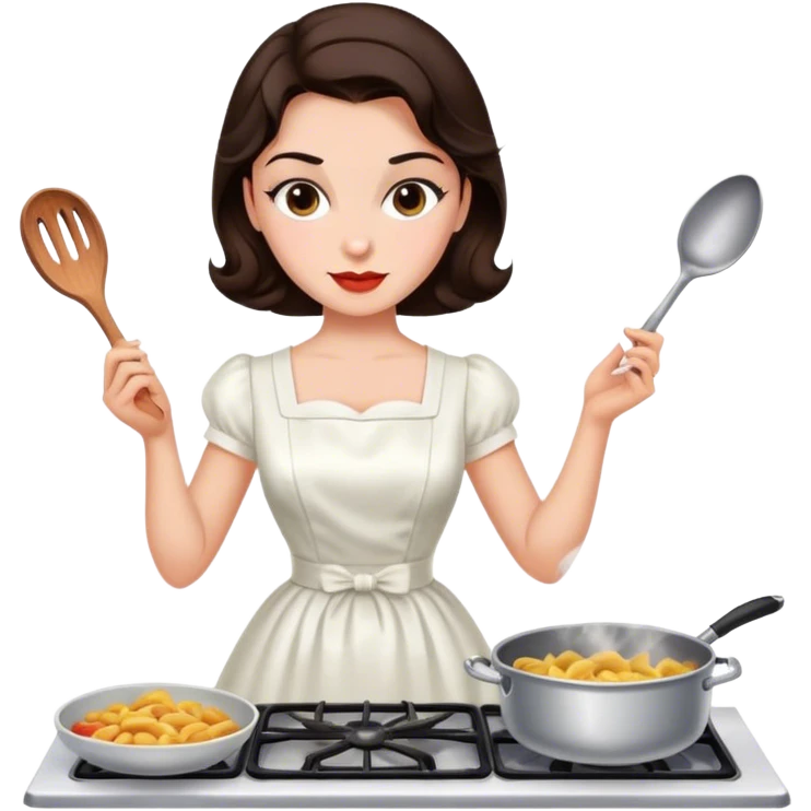 Beautiful woman in 1950’s woman fashion look, white dress, long dark brown hair, cooking emoji