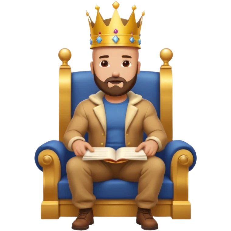 Buff bald bearded man wearing crown and cap, sitting on throne of documents, Instagram icon floating, golden glow, minimal emoji emoji