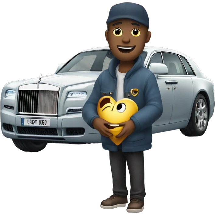 man hold frozen heart near rolls royce that has car number "miss you" emoji