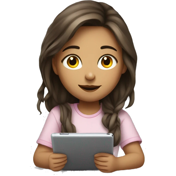 A girl with European features is sitting at a table and drawing on a tablet. emoji
