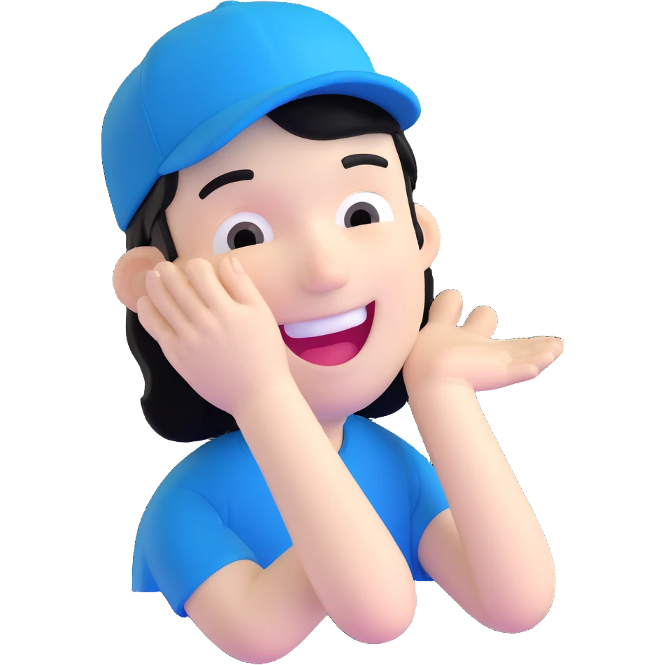 man with black hair and white skin wearing a blue cap hat, laughing emoji