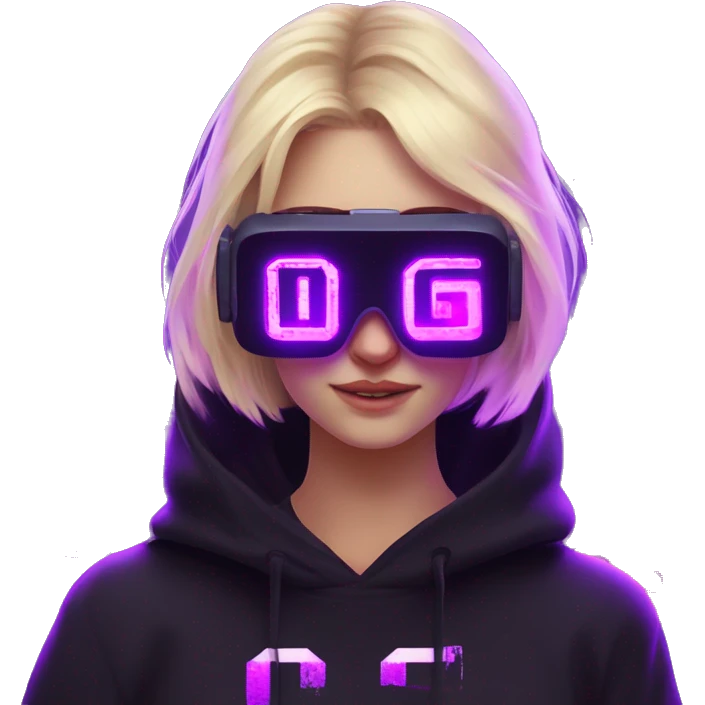 Russian cute blond student girl wearing black hoody with violet letters "OMG", in vr headset. No eyes. Cyberpunk style. Violet neon. emoji