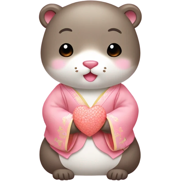 A cute and lovely otter dressed in pastel-colored traditional Korean hanbok, holding a coral-pink heart in its paw. emoji