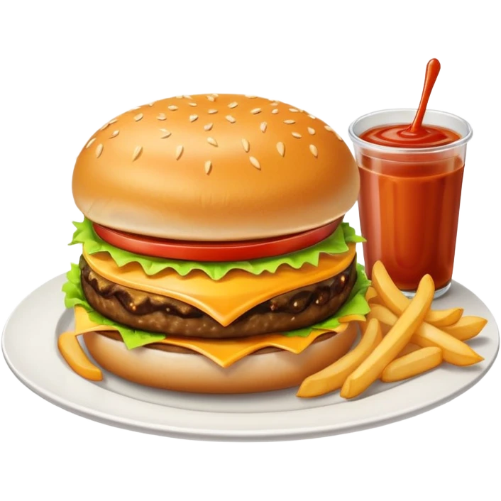 i want a Cheeseburger and Fries with a angle to 15–20° gentle bird’s-eye angle with Sause on white plate  emoji