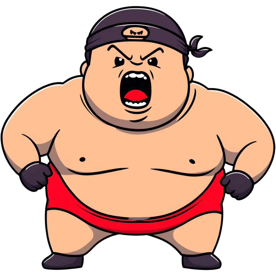 Extreme close-up of face of morbidly obese white skin guy with young face, prominent BLACK DURAG tied clearly on head, black beard but no mustache, clean shaven upper lip, black eyes in a red and black wrestling singlet with mouth wide open screaming angrily emoji